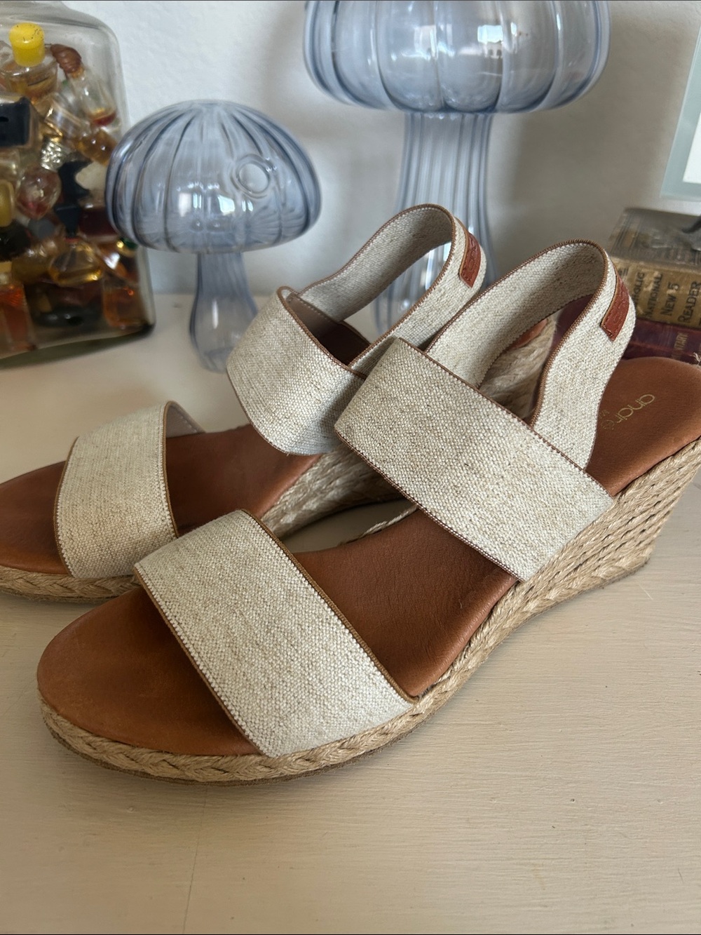Andre Assous Natural Beige Espadrille Wedge Sandals